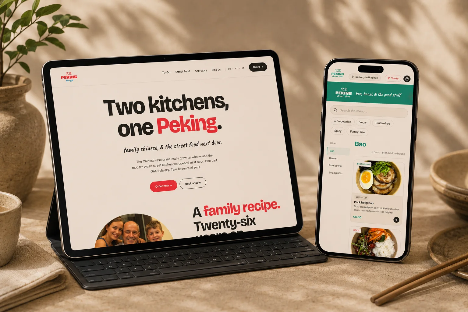 Peking Ltd. Malta custom website homepage hero with the headline Two kitchens, one Peking.