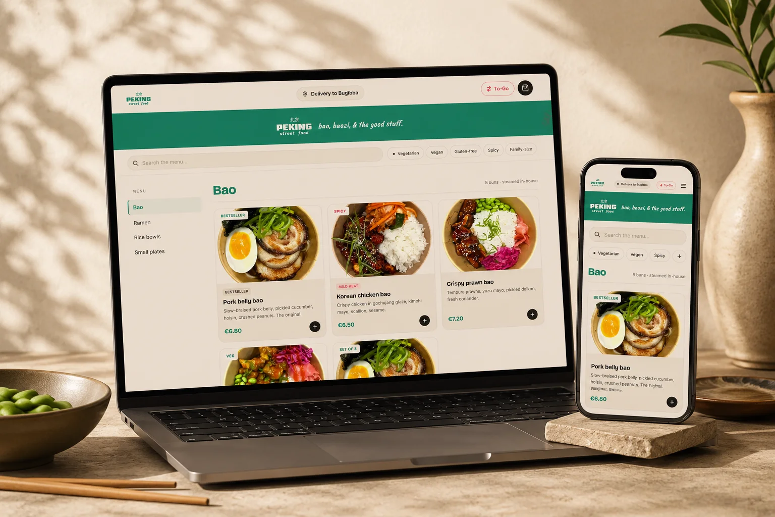 Peking Streetfood Malta online ordering menu showing bao, ramen, rice bowls and small plates.