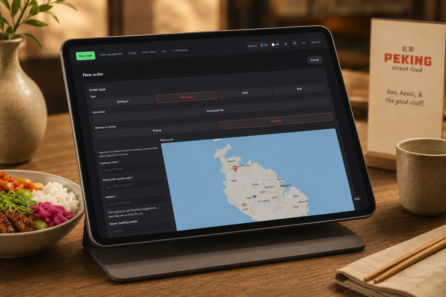 ERP new order screen with Malta map and delivery pin.