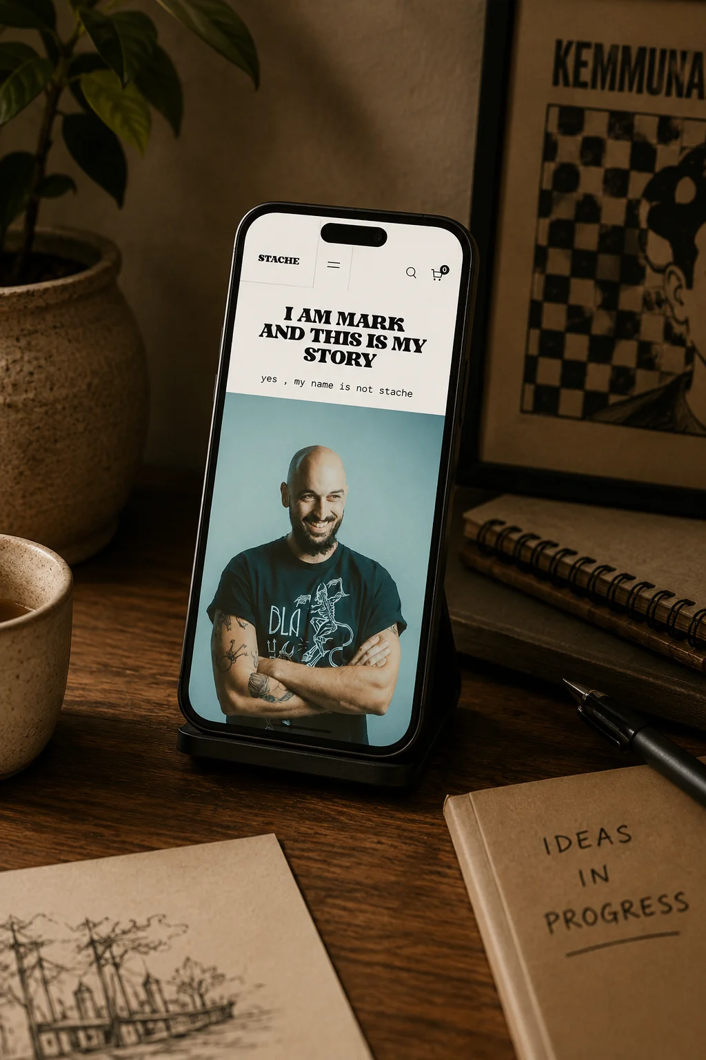 The opening of the Stache Studios about page on mobile. A headline reads I AM MARK AND THIS IS MY STORY, with a tagline yes, my name is not stache beneath it. Below the headline, a portrait of Mark himself, smiling, arms crossed, wearing one of his own printed t-shirts.
