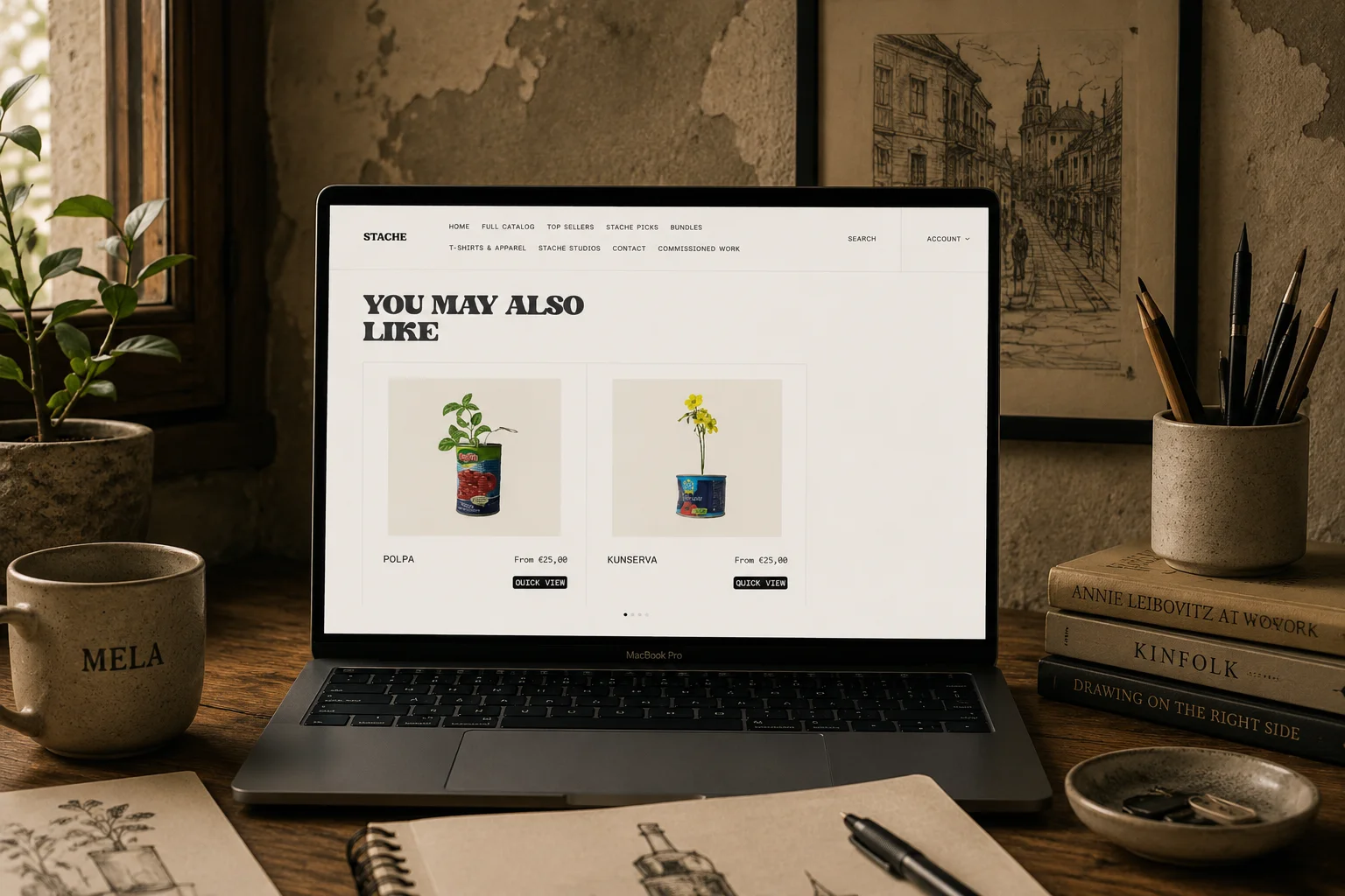 The You May Also Like panel at the bottom of a Stache Studios product page. Two recommended prints sit side by side: Polpa from 25 euros and Kunserva from 25 euros, each with a Quick View button. A four-dot carousel indicator sits beneath, hinting that more pairs slide into view.