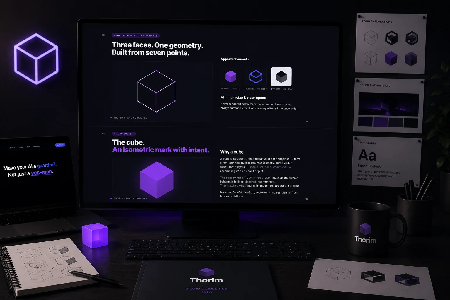 The Thorim cube logo presented at full scale on a dark field, with the headline The cube. An isometric mark with intent. Three visible faces map to skills, agents, and commands. The opacity ramp gives depth without lighting.