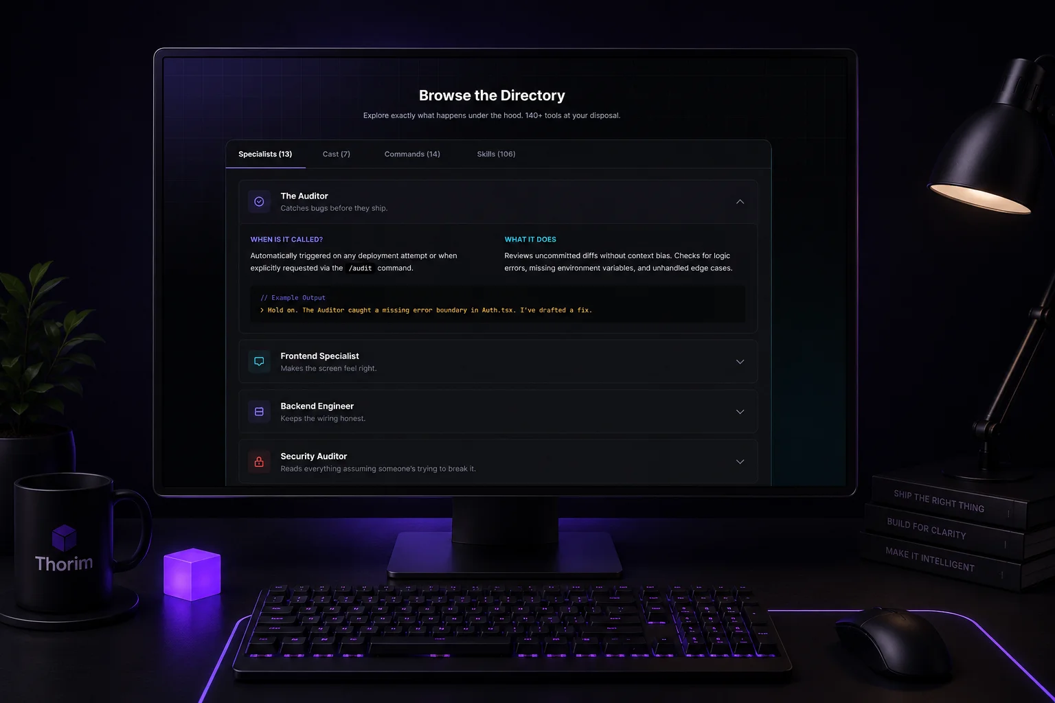 The Browse the Directory section of thorim.io. A tabbed interface with four tabs: Specialists 13, Cast 7, Commands 14, Skills 106. The Specialists tab is open. The Auditor entry is expanded, showing When is it called, What it does, and an example output reading Hold on. The Auditor caught a missing error boundary in Auth.tsx. I've drafted a fix. Below it, collapsed entries for Frontend Specialist, Backend Engineer, and Security Auditor.