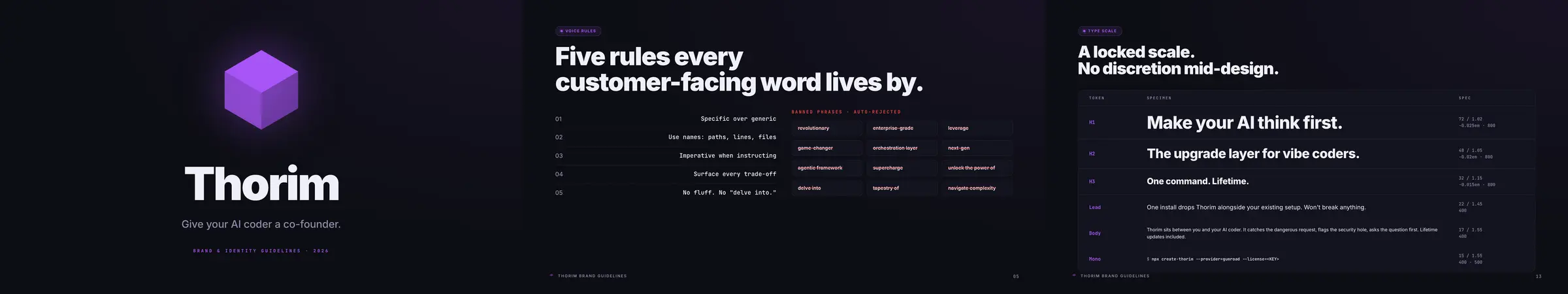Three pages of the Thorim brand guidelines side by side. The cover with the cube and wordmark on the left, the voice rules page in the middle, and the type scale specimen page on the right. A document the team can actually use.