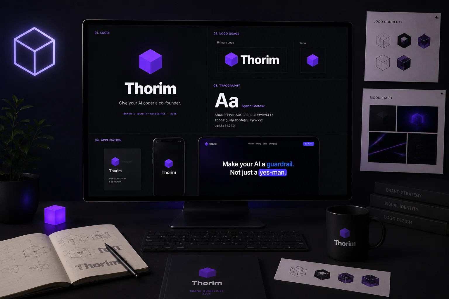 The Thorim brand guidelines cover. A purple isometric cube on a dark navy field, with the Thorim wordmark in white and the tagline Give your AI coder a co-founder beneath it.