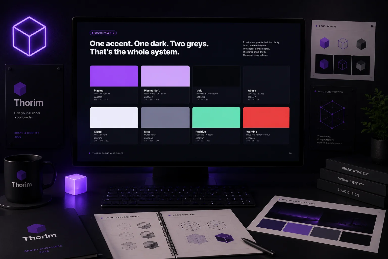 The Thorim eight-colour palette laid out as a grid. Plasma purple as the primary accent, Plasma Soft for highlights, Void and Abyss for backgrounds and surfaces, Cloud and Mist for text, Positive green for success states, Warning red for hold-on moments.