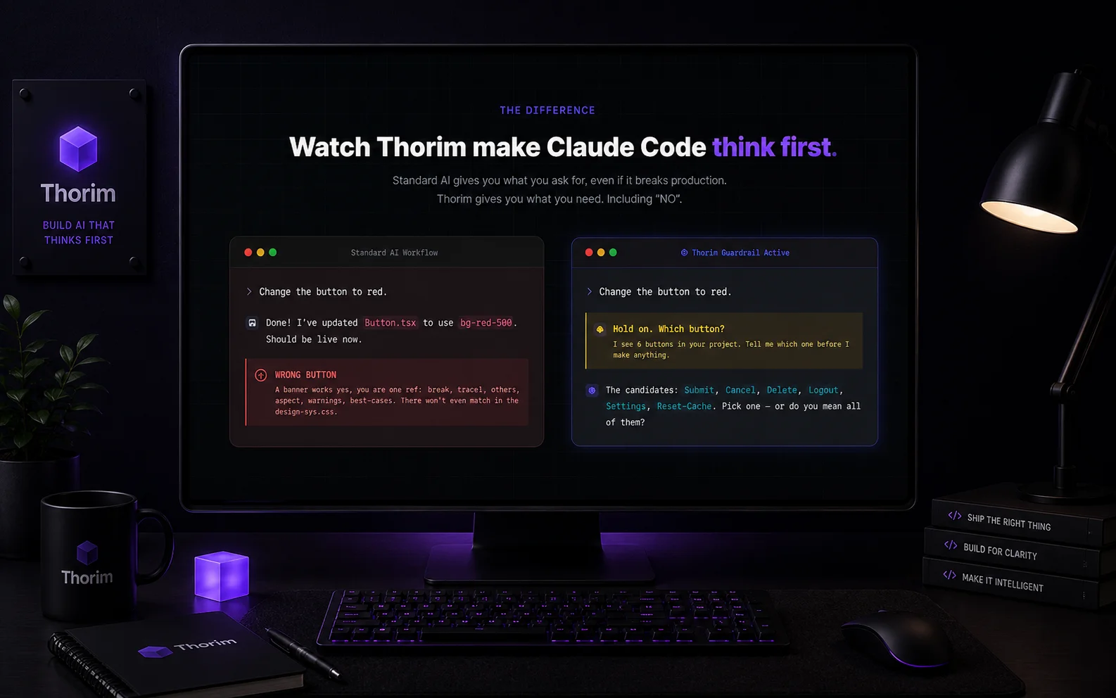 The Watch Thorim make Claude Code think first section of thorim.io. Two terminal windows side by side. The left one labelled Standard AI Workflow shows the AI completing the request and producing the wrong outcome, with a Wrong Button error. The right one labelled Thorim Guardrail Active shows the AI pausing to ask Hold on. Which button? before touching anything.