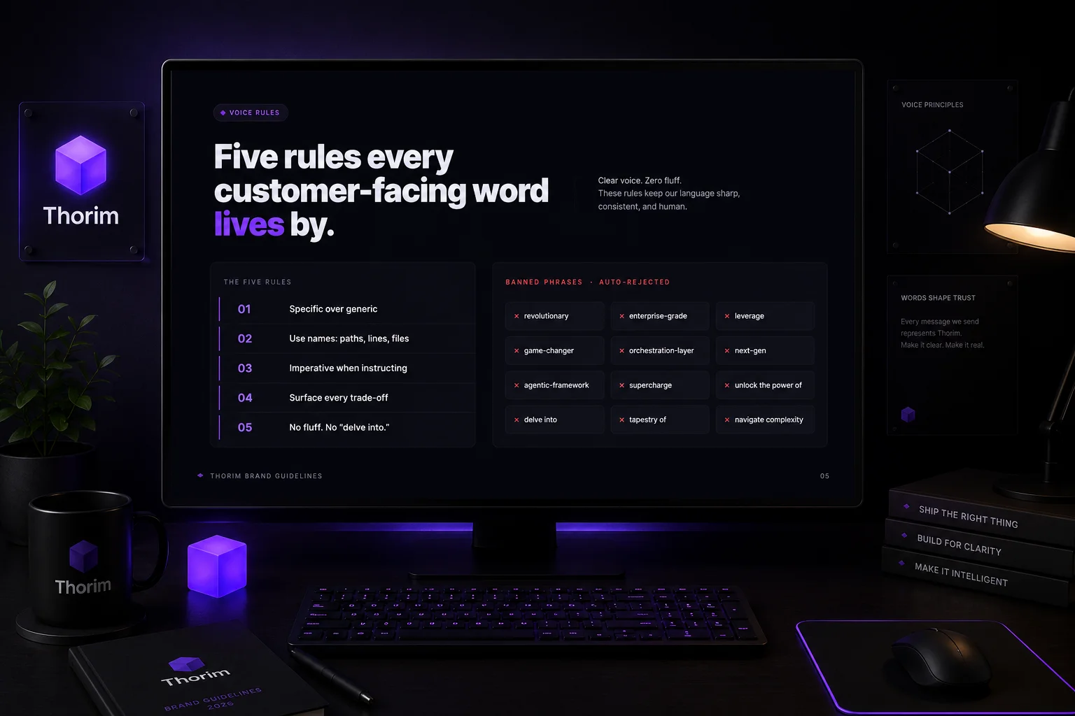 The Thorim voice rules page. Five rules every customer-facing word lives by: Specific over generic. Use names. Imperative when instructing. Surface every trade-off. No fluff. Next to a banned phrases list including revolutionary, leverage, supercharge, agentic framework, next-gen, and delve into.