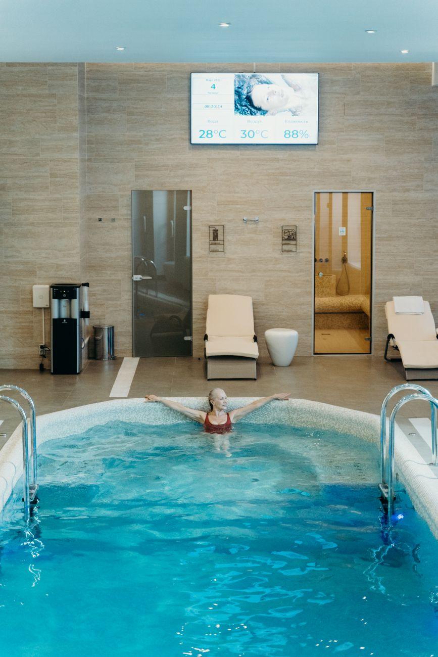 Warm hydrotherapy pool with loungers
